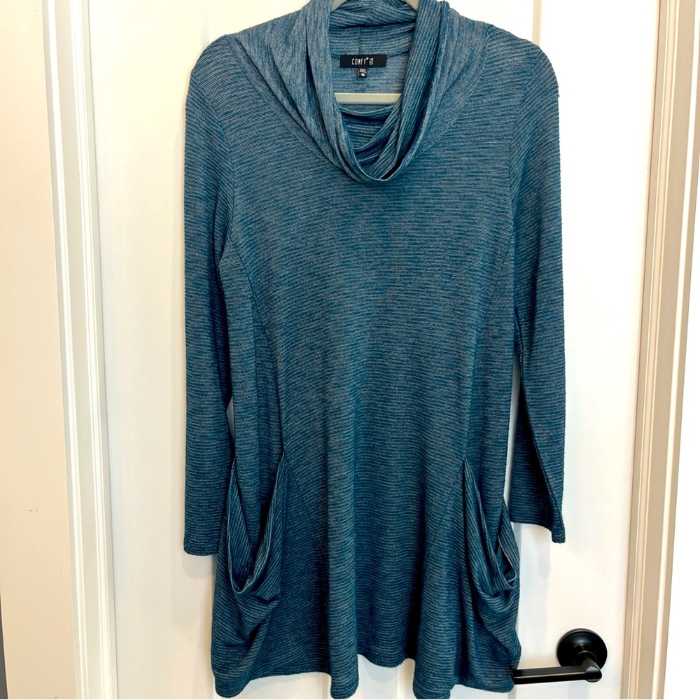 Comfy USA Women’s Blue Striped Cowl Neck Tunic Side Pockets Size Medium M776SD